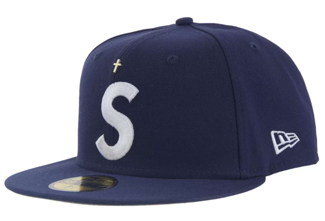 Supreme Gold Cross S Logo New Era Fitted Hat Navy